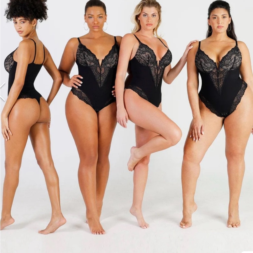 Deep-V Neck Lace Thong Bodysuit